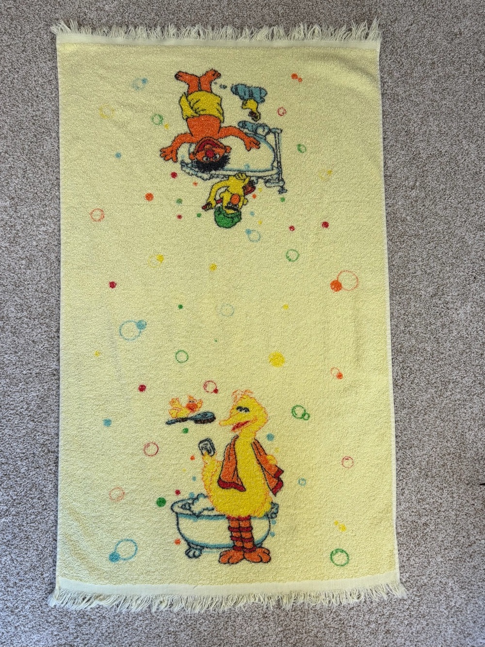Vintage Franco Sesame Street Child's Bath Towel USA Yellow/fringe 21x38